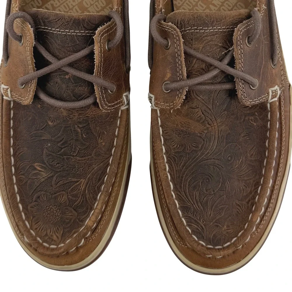 Durango Women Sandstone Floral Tooled Leather Boat Shoes Brown Loafers Size 10M
